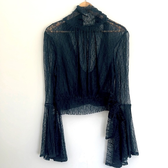 Free People Tops - Free People Teal Lace Bell Sleeve Low Back Blouse